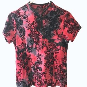 Asian-Inspired Paisley Mandarin Collar Top Frog Closure Short Sleeve Women’s S/M